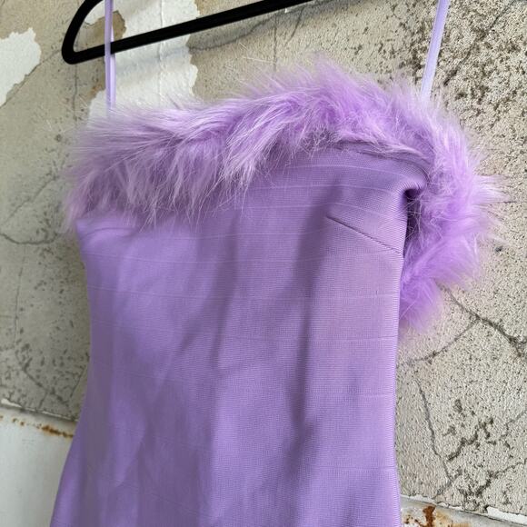 Lavender Faux Fur Trim Strapless Mini Dress Y2K Party Glam Saints Secrets XS - Picture 4 of 8